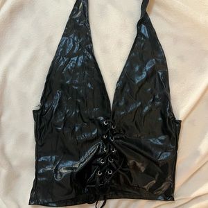 Black Faux Leather Looking Lace Up Top